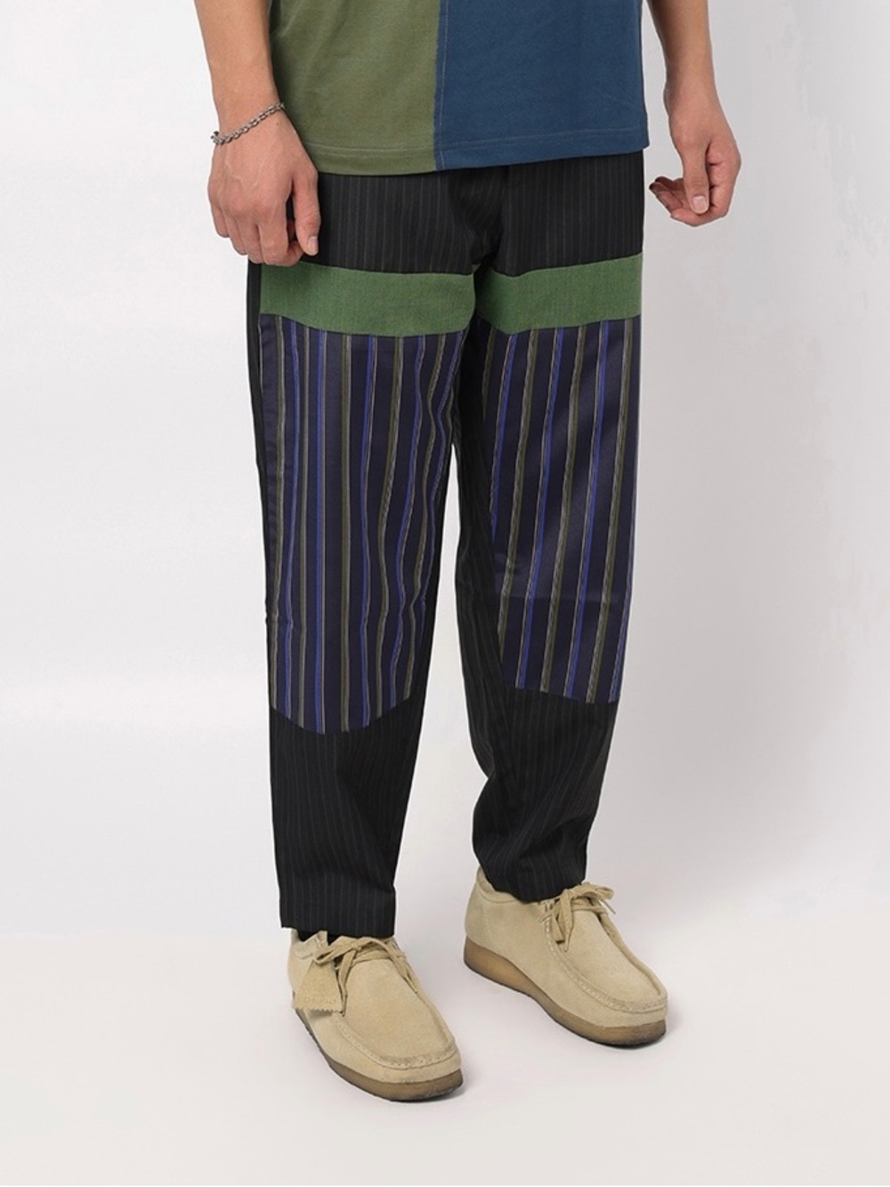 Custom Men's Black & Green Patchwork Stripe Pants